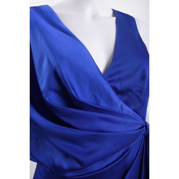 Theia Womens Candace Wrap Satin Cocktail Dress Sz 6 Blue Draped V-Neck NWT - Picture 3 of 6